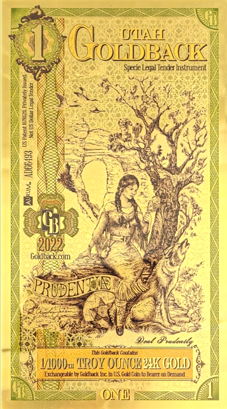 Pure GOLD .999 24K - Utah Goldback - 1/1000 oz - BU NOTE BILL