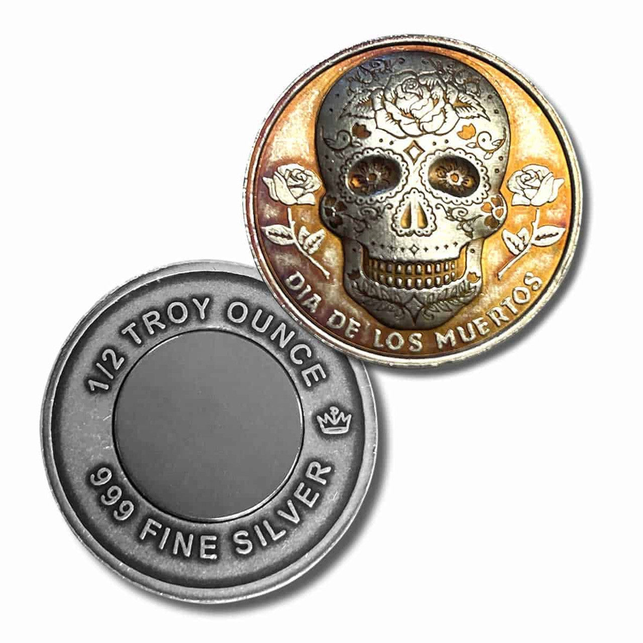 Pure Silver .999 Bullion - Dia de Los Muertos Sugar Skull - 1/2 oz round coin