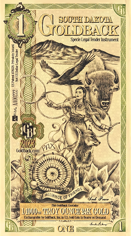 Pure GOLD .999 24K - South Dakota Goldback - 1/1000 oz - BU NOTE BILL