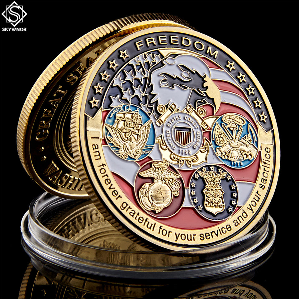 Coin USA Navy USAF USMC Army Coast Guard Freedom Eagle gold plate