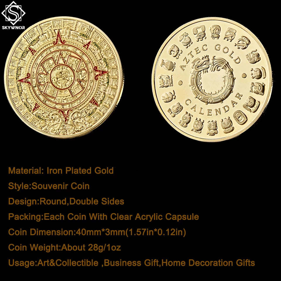 Coin Mexico Mayan Aztec Calendar Alloy Souvenir Gold Plate with prestigious case