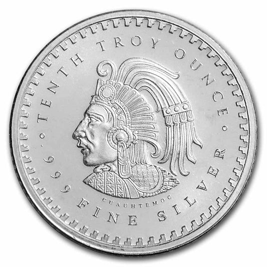 Pure Silver .999 Bullion - Mexico Aztec Calendar Mayan tenth- 1/10 oz round coin