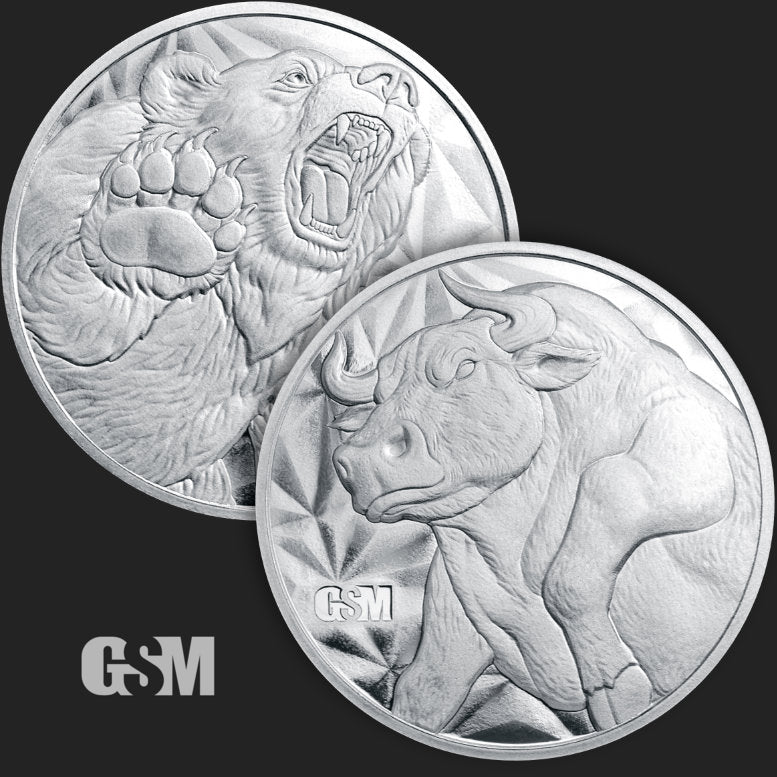 Pure Silver .999 Bullion - Bull & Bear wall street - 1/2 oz round coin