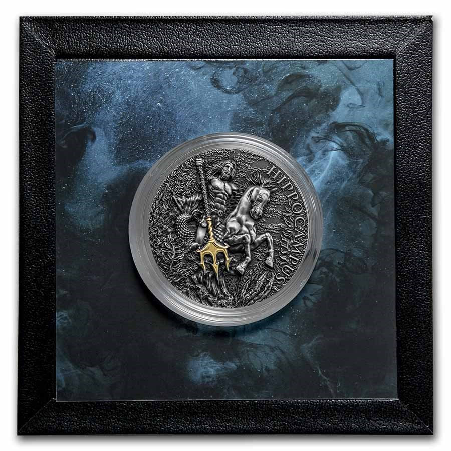 Pure Silver .999 Bullion - Greek Mythology Antique Silver Hippocampus- 2 oz round coin