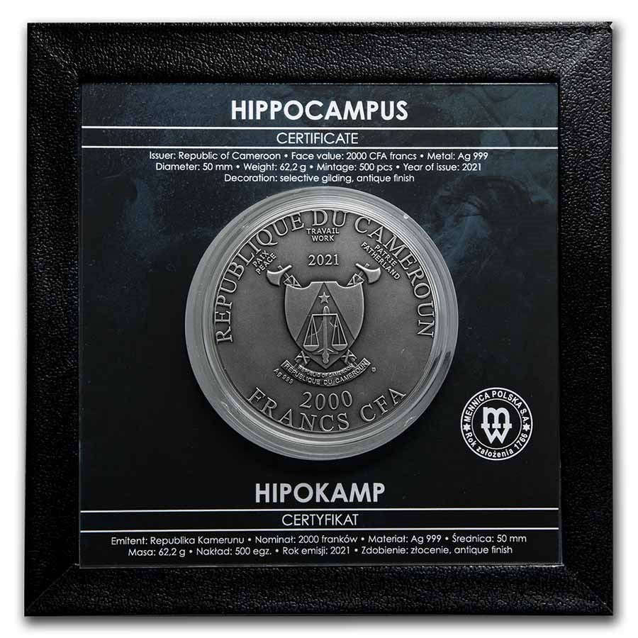 Pure Silver .999 Bullion - Greek Mythology Antique Silver Hippocampus- 2 oz round coin