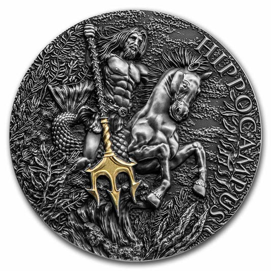 Pure Silver .999 Bullion - Greek Mythology Antique Silver Hippocampus- 2 oz round coin