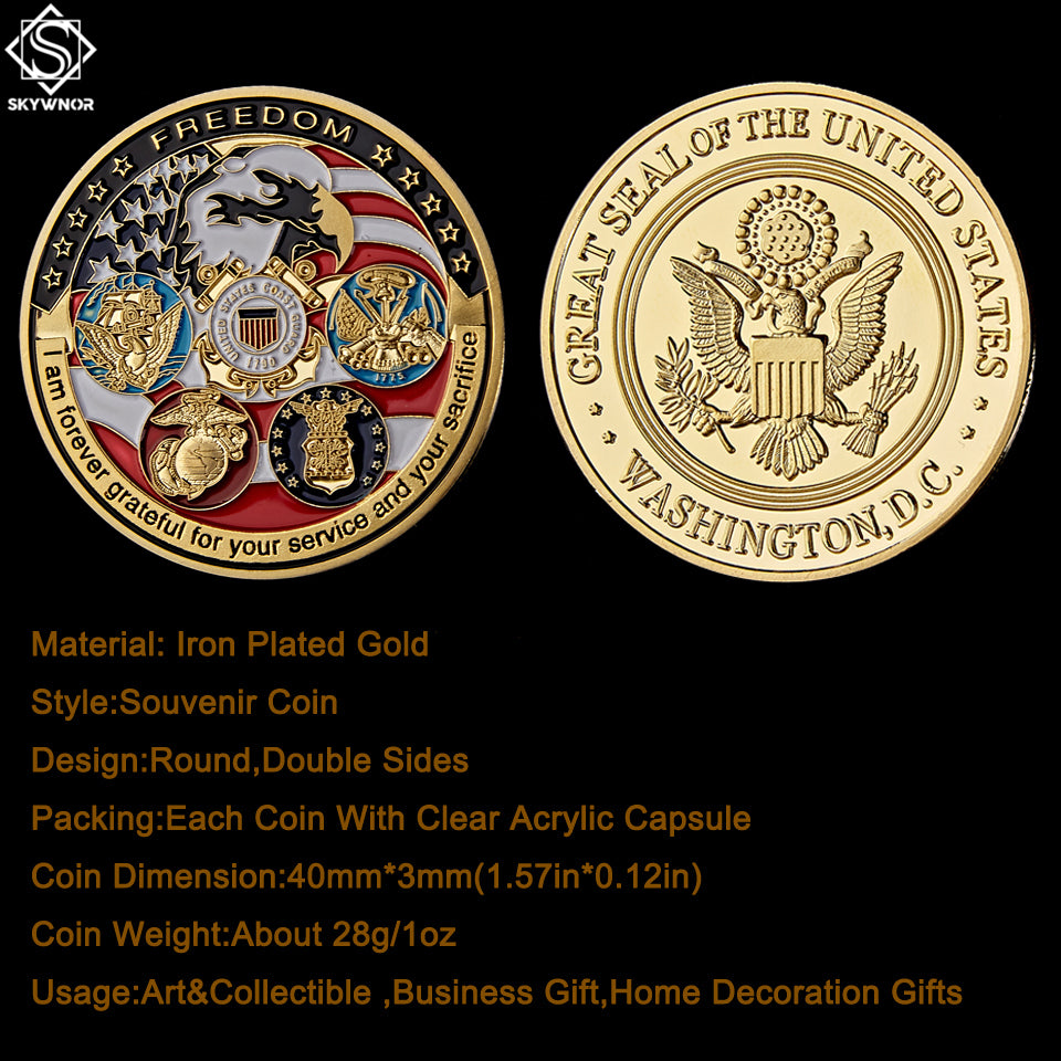 Coin USA Navy USAF USMC Army Coast Guard Freedom Eagle gold plate