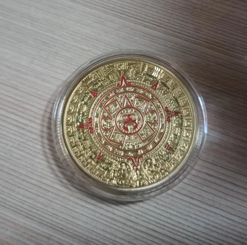 Coin Mexico Mayan Aztec Calendar Alloy Souvenir Gold Plate with prestigious case