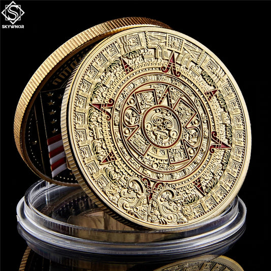 Coin Mexico Mayan Aztec Calendar Alloy Souvenir Gold Plate with prestigious case