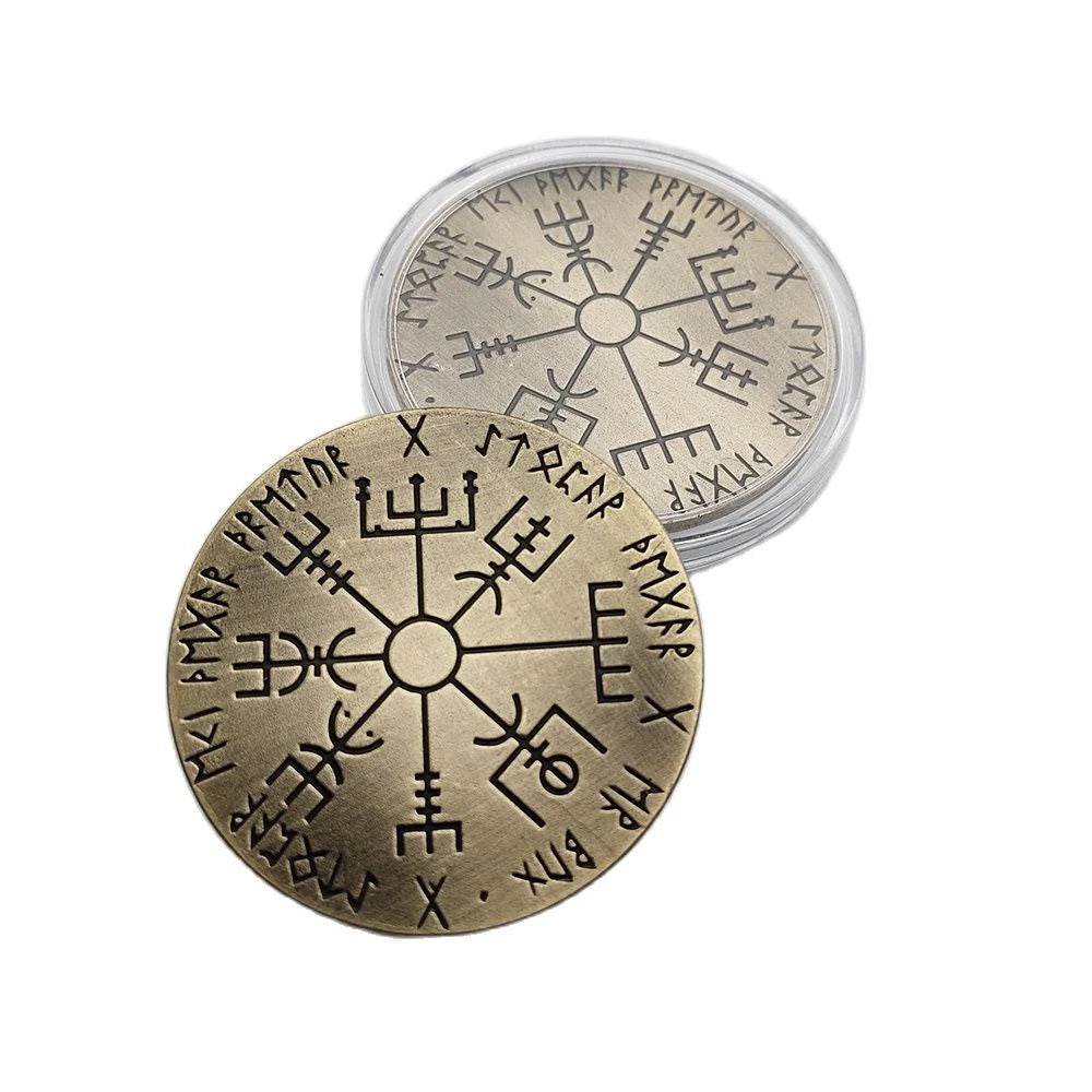 Nordic Viking Coin Vegvisir Guidepost Compass with prestigious case