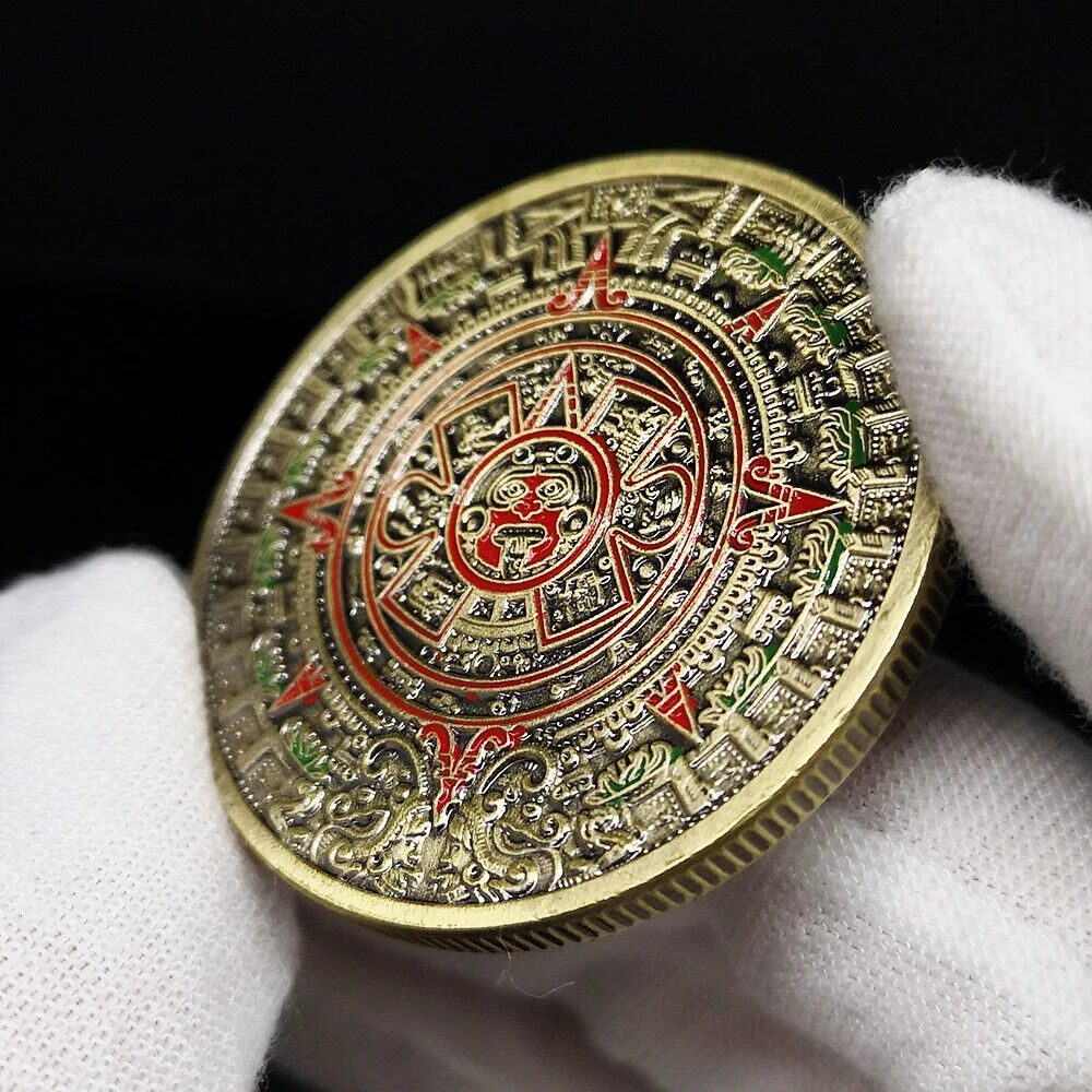 Coin Mexico Mayan Aztec Calendar Alloy Souvenir Gold Plate with prestigious case