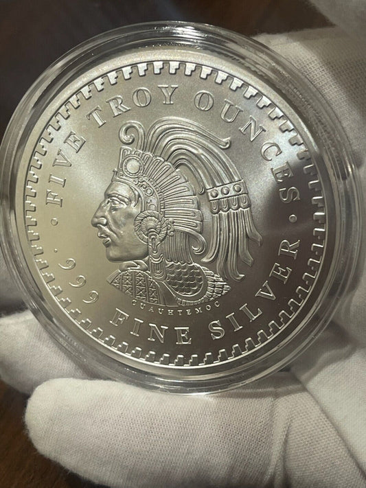 Pure Silver .999 Bullion - Mexico Mayan Aztec Calendar - 5 oz round coin - comes with capsule